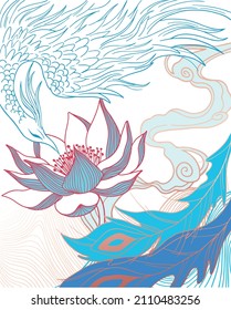 abstract illustration of mythological bird phoenix Fenghuang and lotus, light colors
