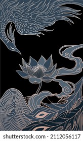 abstract illustration of mythological bird phoenix Fenghuang and lotus, black and gold