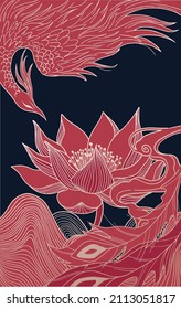 abstract illustration of mythological bird phoenix Fenghuang and lotus, black and gold