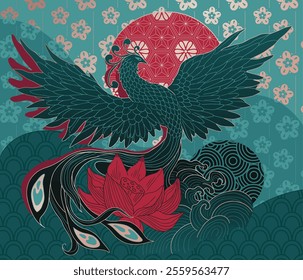 abstract illustration of mythological bird phoenix Fenghuang	