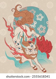 abstract illustration mythological creature Hakutaku, chimerical beasts, white ox in minimalist asian style, with ornaments and waves