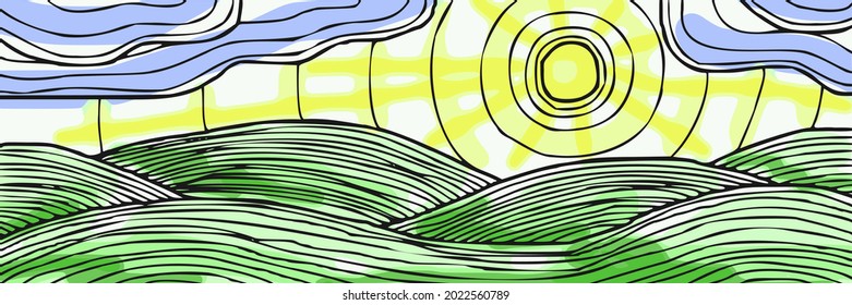 Abstract illustration of nature. Hills, clouds and sun. Vector banner.