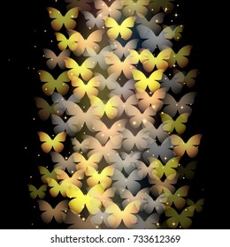 Abstract illustration with neon butterflies on black background