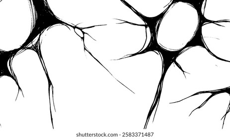 Abstract illustration of neural networks with interconnected neurons and synapses, featuring a black and white design.