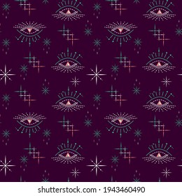 Abstract illustration of night sky, cosmic galaxy, stars. Open third eye of soul. Seamless vector pattern for design of tarot cards, esoteric sessions, textiles, packaging. Trendy shades of colors.