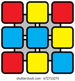 abstract illustration - nine colored rounded squares with black outlines in front of four gray squares and white background