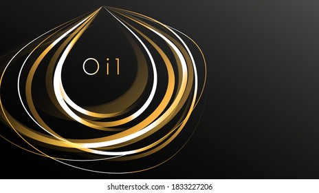 Abstract illustration of oil drop made of golden lines on black background, corporate style poster or company presentation cover