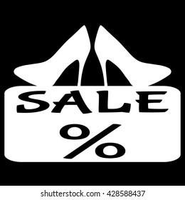 An abstract illustration on a black background: silhouette of shoes and a simple frame for text with the word SALE and percent sign. Monochrome.