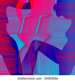 abstract illustration on the theme of evening party, disco with dancings figures and glasses of cocktails