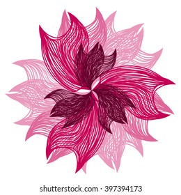 Abstract illustration of one bright floral vector graphic flower head beautiful shape pink color on white background