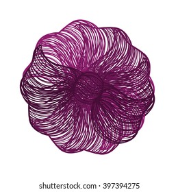 Abstract illustration of one bright floral vector graphic flower head beautiful shape purple color on white background