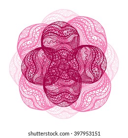 Abstract illustration of one bright floral vector graphic flower head beautiful shape pink color on white background