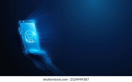 Ilustración Abstractas del teléfono inteligente del App de compras en línea en la mano en estilo de baja poli. Fondo geométrico azul que representa la tienda de compras en línea y el concepto de negocio de comercio electrónico por malla de alambre