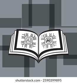 An abstract illustration of an open book with AI-themed circuit designs, symbolizing technology, artificial intelligence, and futuristic learning.