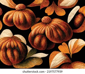 An abstract illustration of organic autumn fruits and flowers. Fall season.