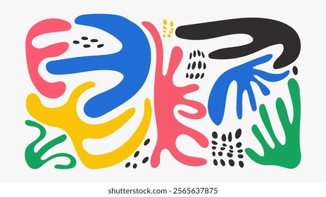 Abstract illustration with organic shapes in green, blue, pink, yellow, and black. A modern, colorful, and dynamic design with bold, fluid forms and patterns, ideal for creative backgrounds or decor.