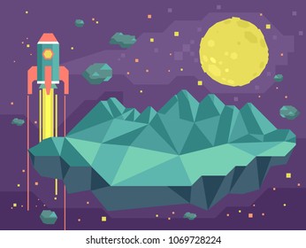 Abstract Illustration of Outer Space in Geometric Design with the Moon, Rocket and Asteroid