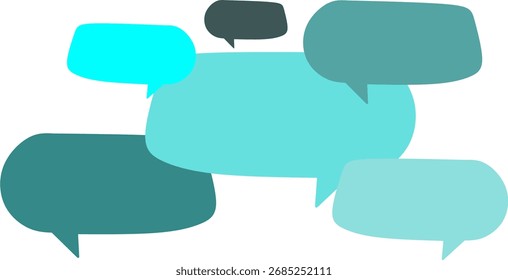 Abstract illustration of overlapping blue speech bubbles on a white background, symbolizing chat, communication, messaging, teamwork, and social interaction.