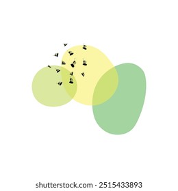 Ilustração abstrata com formas verdes e amarelas sobrepostas e marcas de pincel dispersas.