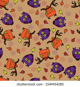 Abstract illustration with owl leaf branch pattern for decorative design. Autumn season background. Textile print design. Seamless leaf pattern. Ornament illustration. Organic texture.  