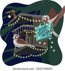 Abstract illustration with a pair of birds decorating their birdhouse with lots of fairy lights for Christmas, home sweet home