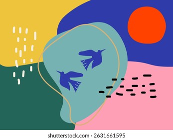 Abstract illustration of a pair of birds flying on an island at sunset in Matisse style