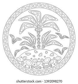 Abstract illustration with palm tree on a tropical island in the ocean. Black and white isolated objects in polynesia style on a white background.