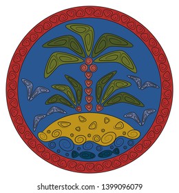 Abstract illustration with palm tree on a tropical island in the ocean. Colored objects with black outline on a white background.
