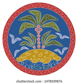 Abstract illustration with palm tree on a tropical island in the ocean. Colored objects on a white background.