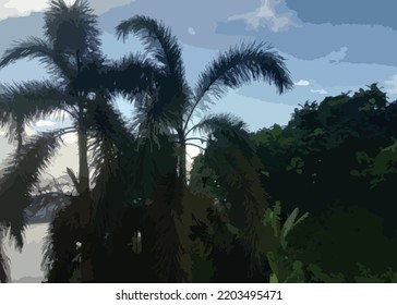 abstract illustration of palm trees and forest under blue sky
