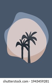 Abstract illustration palm trees. Sunset on the beach. Minimalist Blue Silhouette Poster. Flat abstract design. 