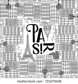 Abstract illustration of Paris - Hand drawn french houses with the Eiffel tower in square format