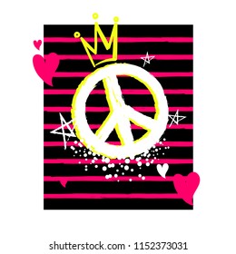 Abstract illustration with peace sign, spray paint ink, dots, stars, hearts, crown, stripe repeats background. girlish fancy poster.  Female t shirt design. 