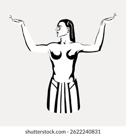 Ilustração abstrata de uma pessoa com braços levantados, apresentando linhas negras e design minimalista. A figura é representada de forma estilizada e artística. Vetor de ilustração vintage.