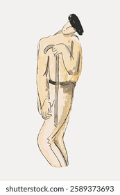 Abstract illustration of a person with a cane. The figure is stylized with minimal details, featuring a neutral color palette and fluid lines. Vintage art painting vector.