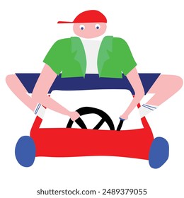 Ilustración Abstractas de la persona con extremidades alargadas en camisa verde, pantalones cortos azules, conducción de go-kart rojo, sobre fondo blanco. Carreras. Concepto de deporte, surrealismo, competición