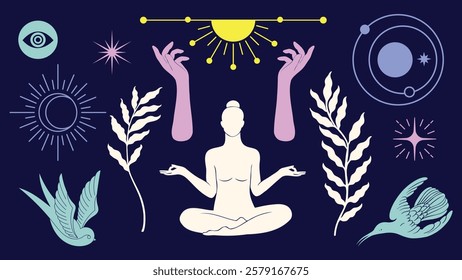 Abstract illustration of a person meditating, surrounded by celestial symbols, birds, and plants. Meditation, celestial, and nature themes are prominent. Spirituality vector set.