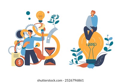 An abstract illustration of a person surrounded by gears, lightbulbs, and symbols representing ideas and business solutions, isolated on a white background. Vector illustration.