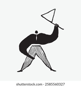 Abstract illustration of a person with a triangular net. Simplistic, black and white design. Geometric shapes form the figure, creating a unique artistic style. Doodle illustration vector.