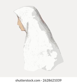 Abstract illustration of a person in a white hooded garment, side profile. The image has a textured, artistic style with neutral tones and a minimalist design. Vintage character vector.