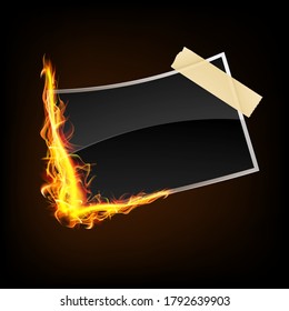 Abstract illustration of a photography in fire, taped to the wall with white tape. Realistic vector template of photography