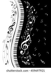 Abstract illustration of a piano keys with musical notes background.