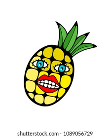 Abstract illustration with pineapple and  face elements. Vector print for summer holidays.