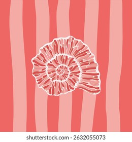 Abstract illustration of a pink ammonite shell on a striped coral design, creating a modern marine-inspired aesthetic