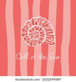Abstract illustration of a pink ammonite shell on a striped coral design, creating a modern marine-inspired aesthetic with text Call of the Sea