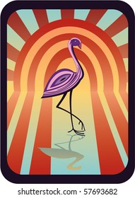 Abstract illustration of a pink heron and sunrise reflection on the water.