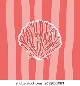 Abstract illustration of a pink seashell on a striped coral design, creating a modern marine-inspired aesthetic