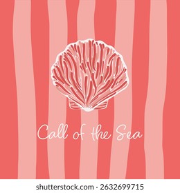 Abstract illustration of a pink seashell on a striped coral design, creating a modern marine-inspired aesthetic with text Call of the Sea