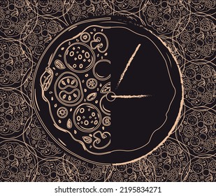 Abstract illustration pizza and clock, poster, card, print. Vector elements.