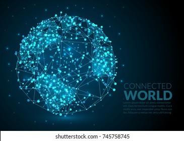Abstrakte Illustration der Erde aus Linien, Punkten und Lichtern auf dunklem Hintergrund - abstrakter Raum und Sterne - futuristisches polygonal wireframe design
